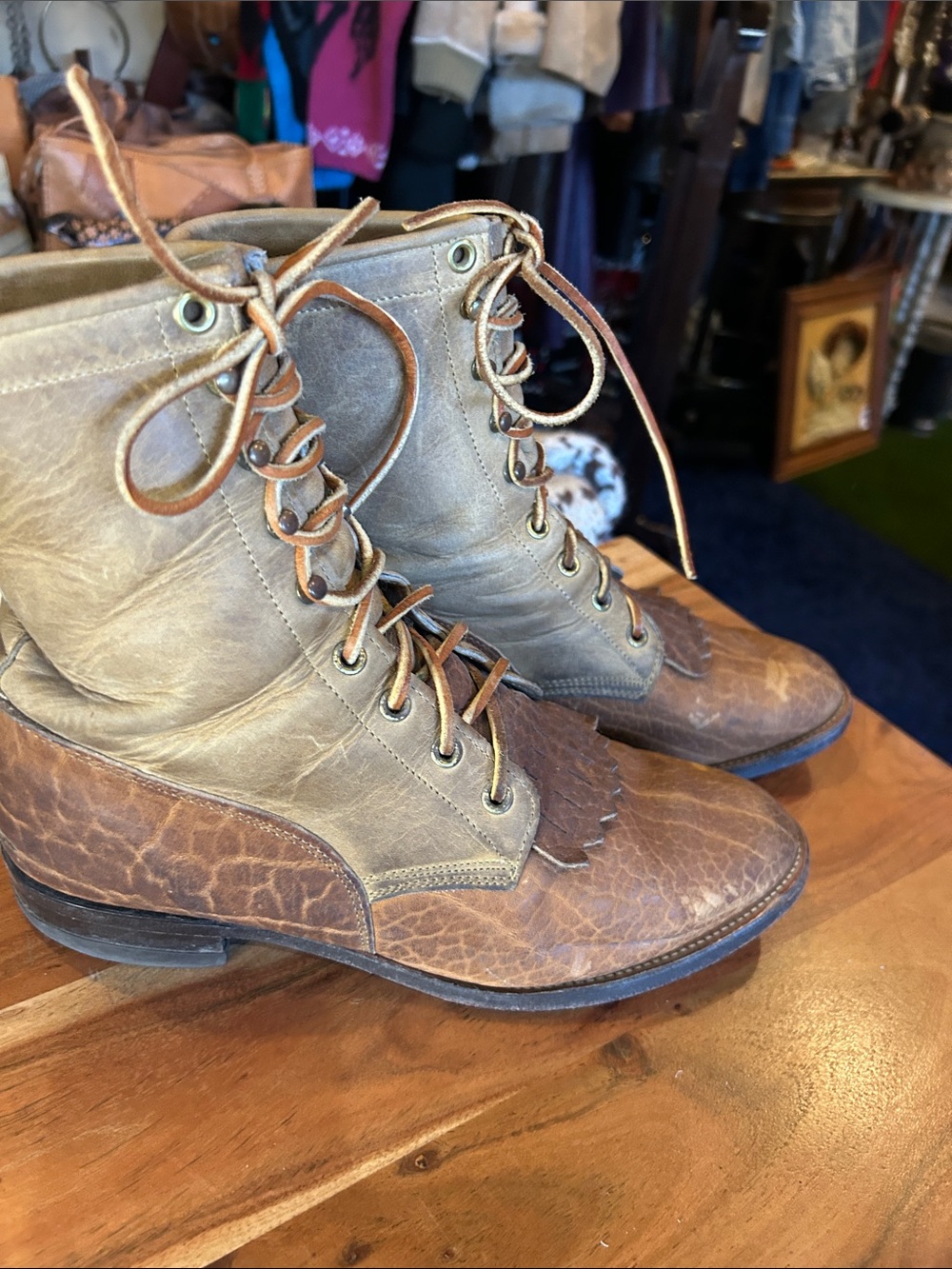 Justin Boots Two-Tone Brown and Tan Lace-Up Leather Boots- men’s 7.5- women’s 9